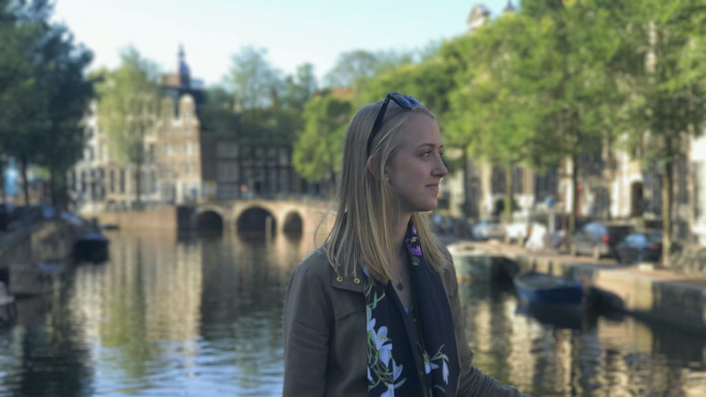 Wearing scarf in Amsterdam on canal