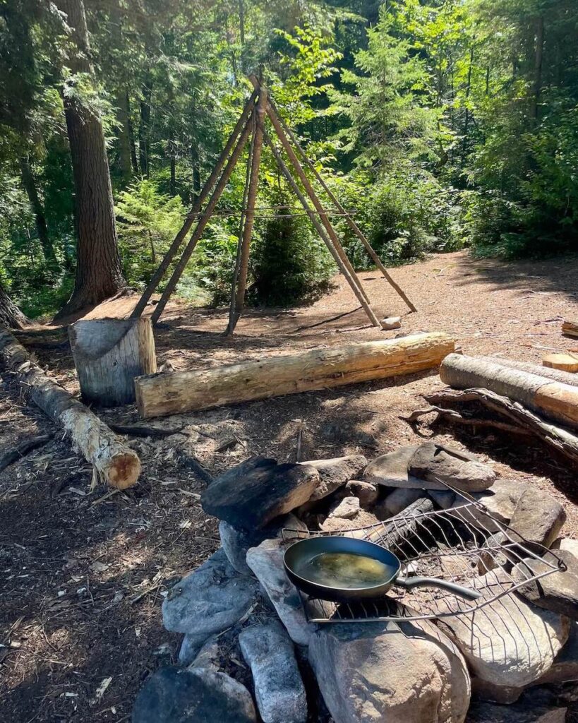 Queer Lake campsite with fire pit and logs