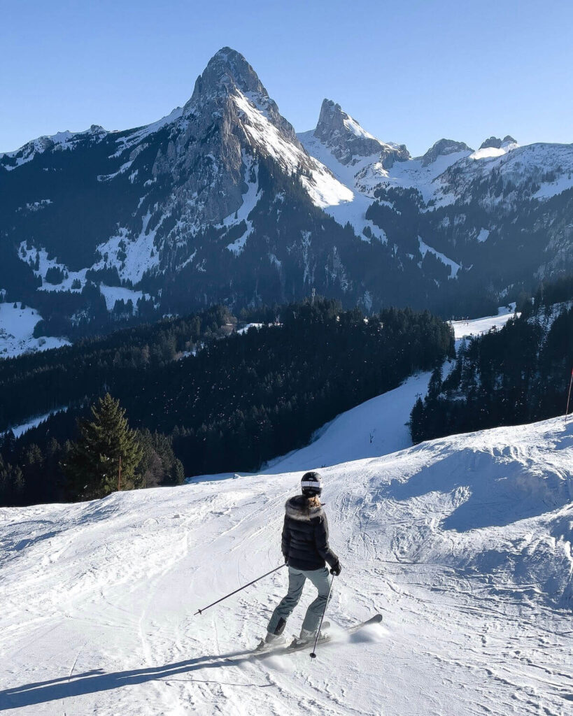 Skier in front of Bernex Dent D'Oche mountain