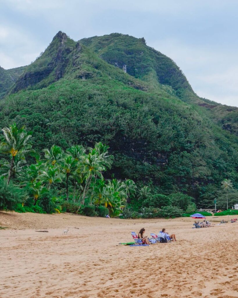 Haena Beach - people sitting on beach with palm trees