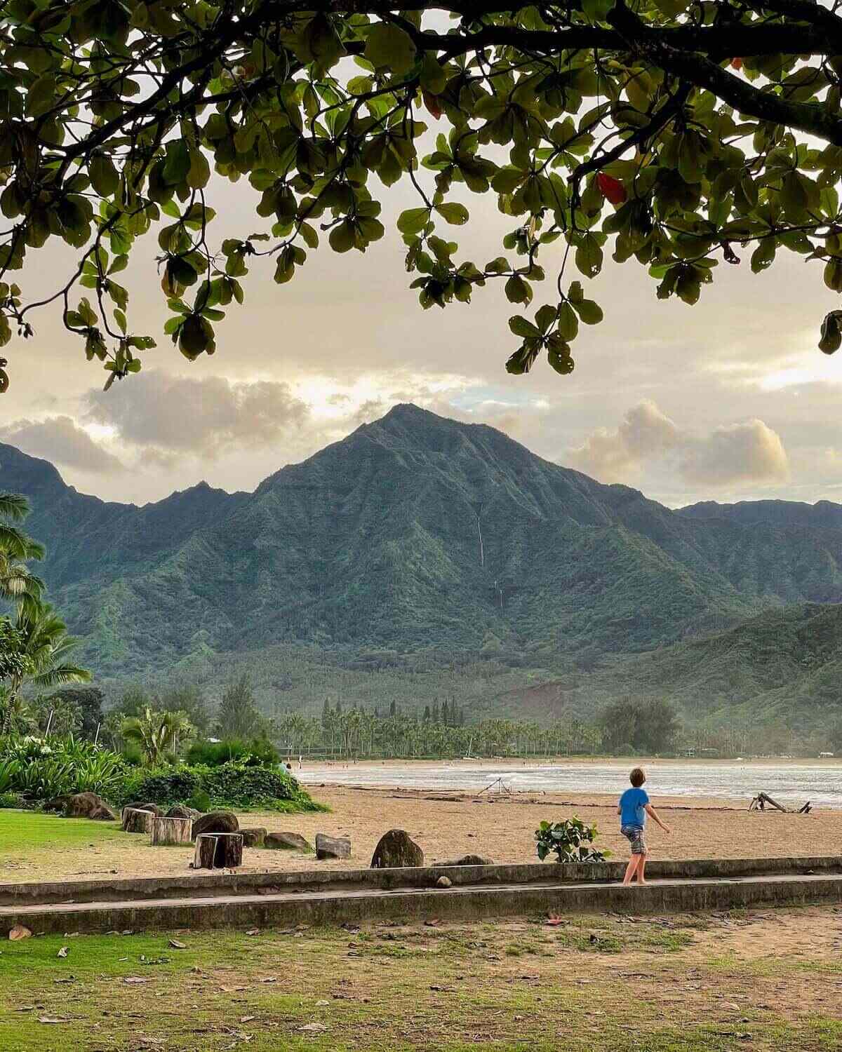 Hanalei Bay beach in North Kauai at sunset with child walking on boardwalk under tree coverage