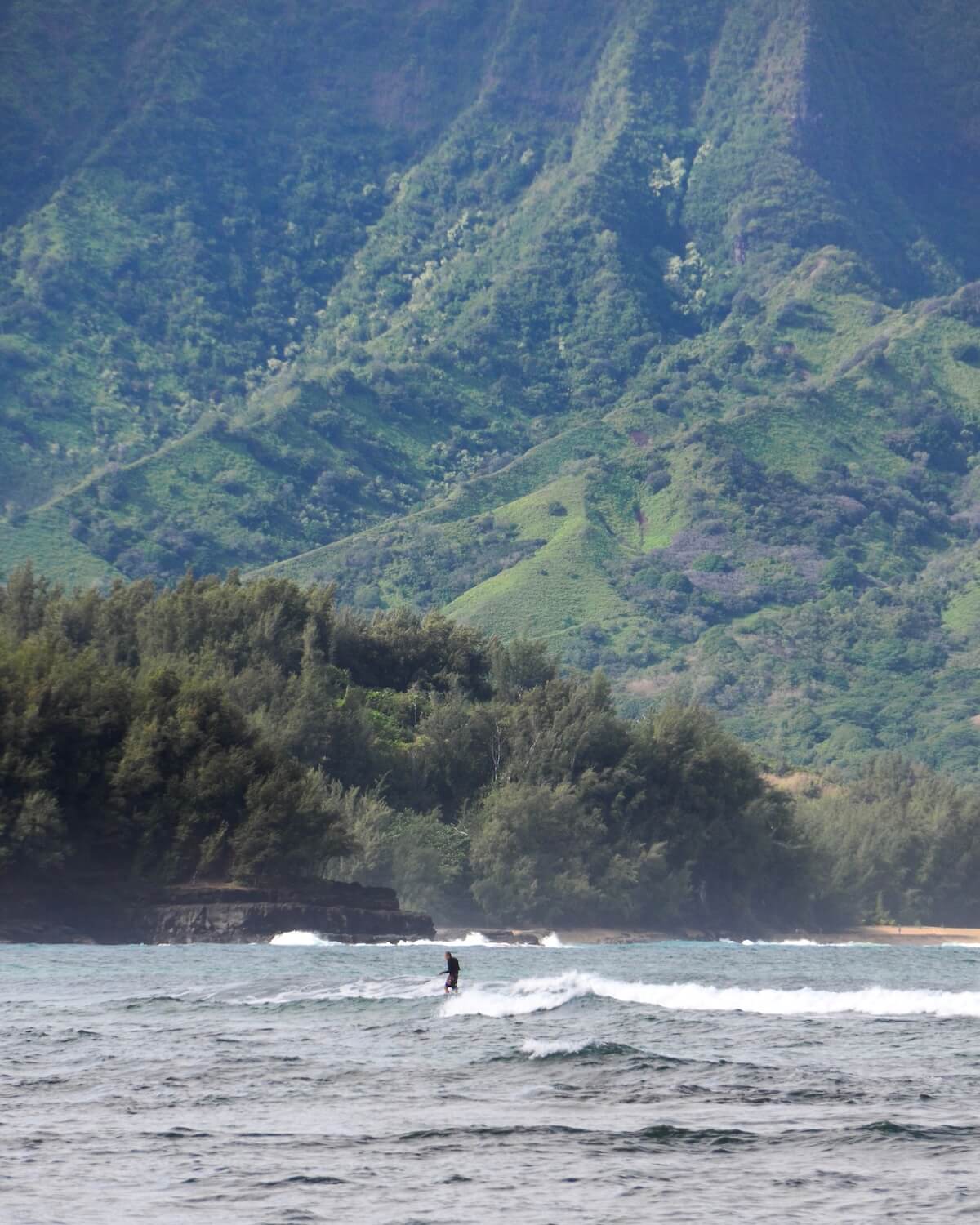 Surfer on small wave on beach in Kauai with leafy surroundings