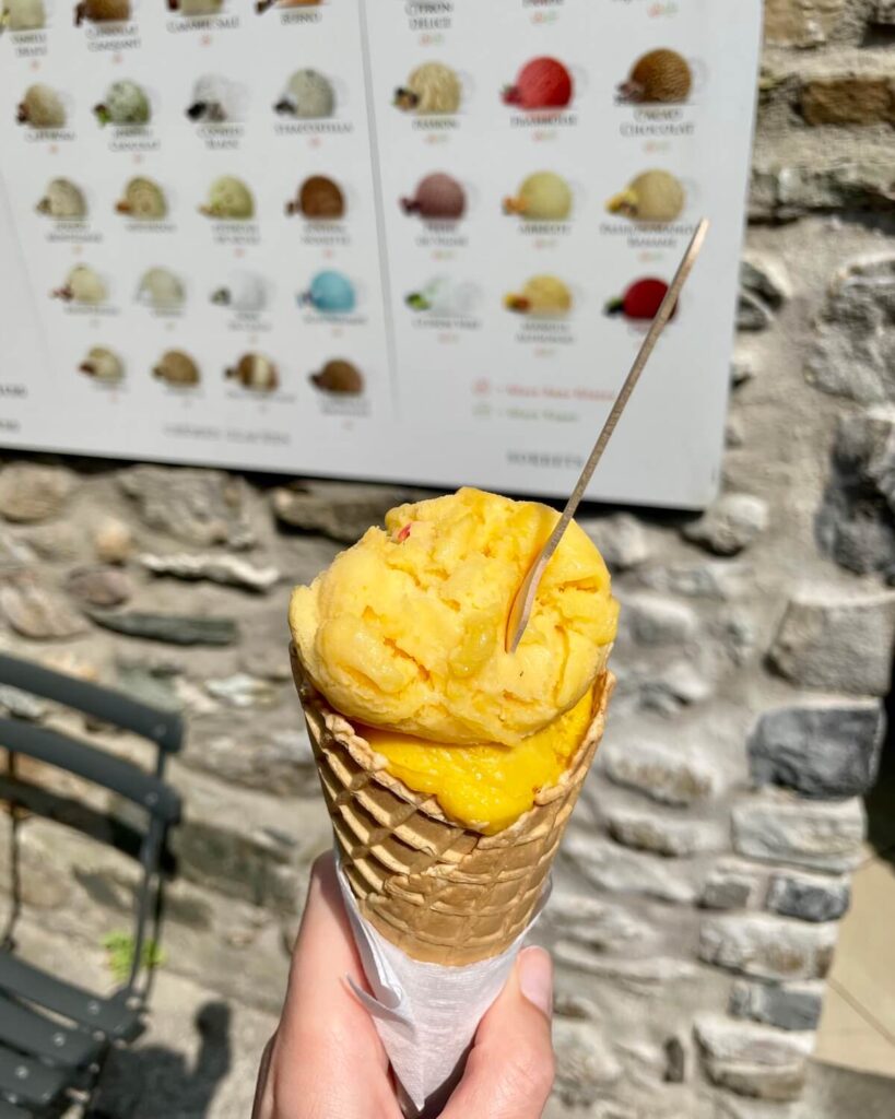 Passionfruit ice cream in cone from Une Glace à Yvoire