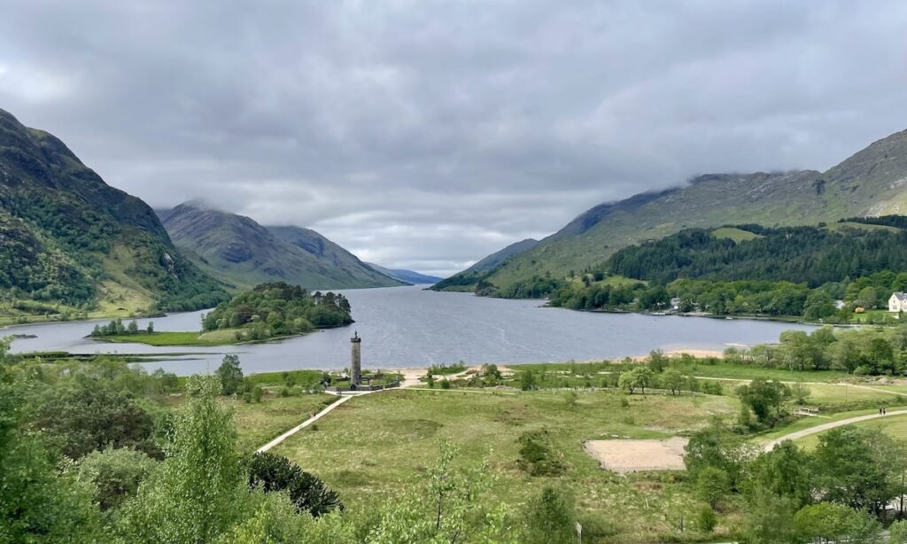 Loch Shiel view with Glenfinnan Monument on a grey cloudy day