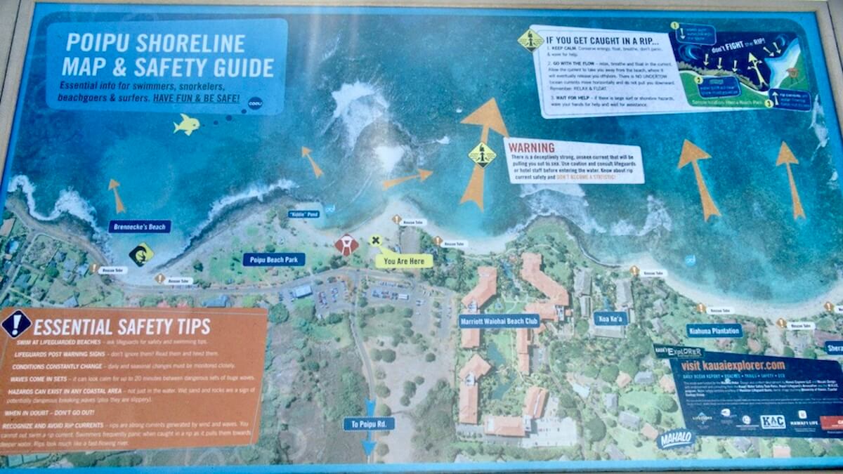 Poipu Shoreline Safety map with graphic of coastline and beach locations