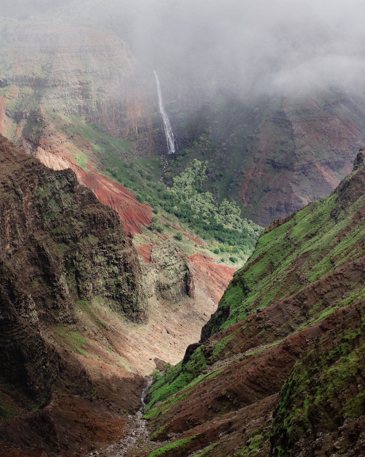 Waimea canyon Kauai - orange, brown and green colours with a waterfall and shrubbery