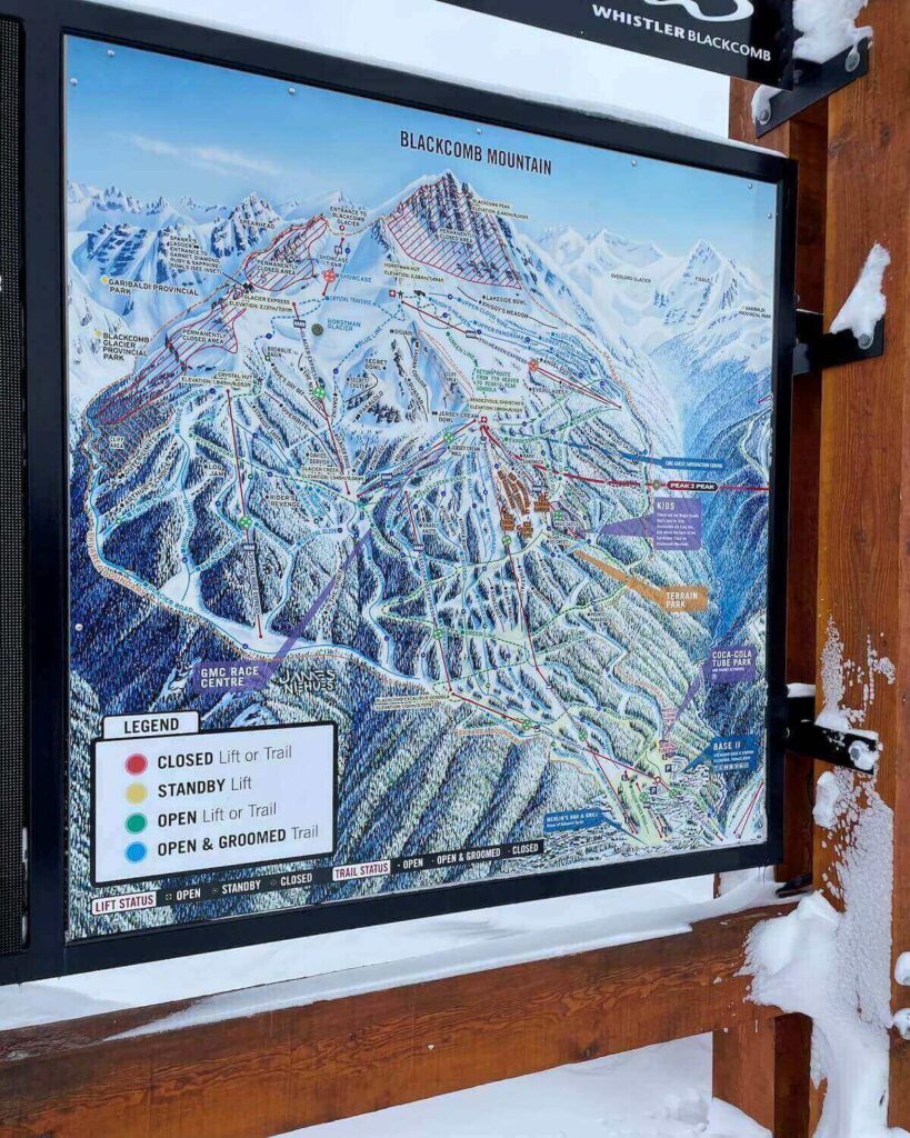 Large map of Whistler Blackcomb ski runs with open and closed lights