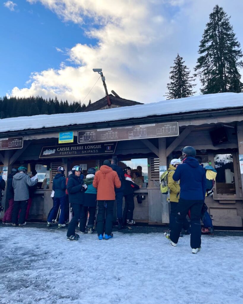 Pierre Longue ticket office Chatel - people buying Portes du Soleil lift passes