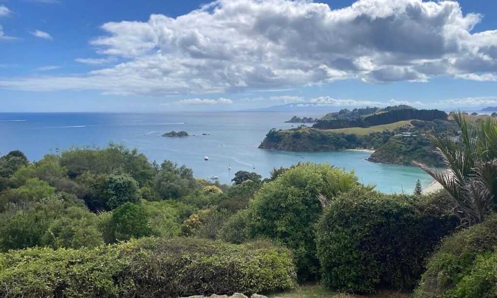 View of Waiheke Island near to Auckland from top of cliff with view over water