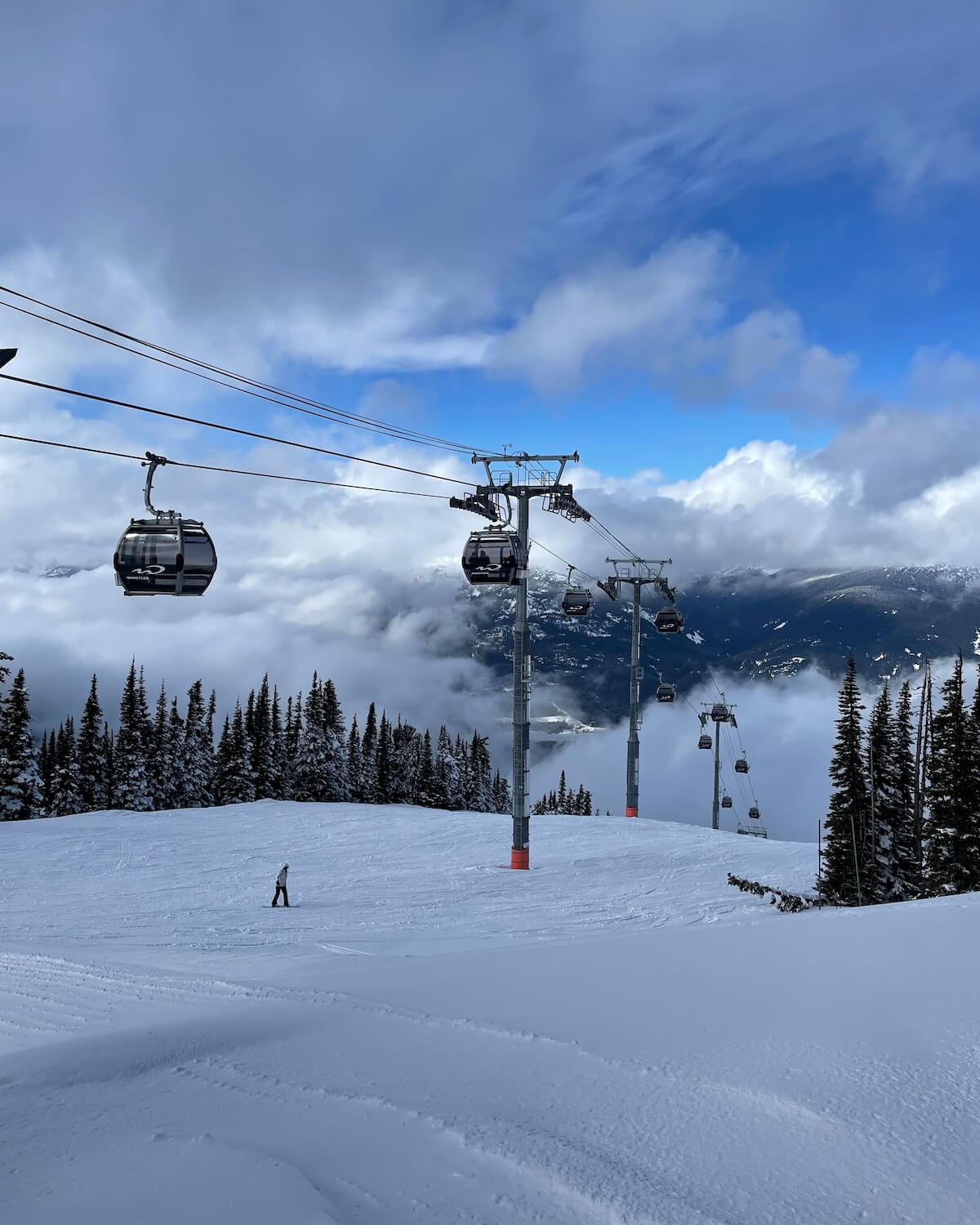 Whistler Blackcomb gondola going down mountain with low clouds and a snowboarder on the piste