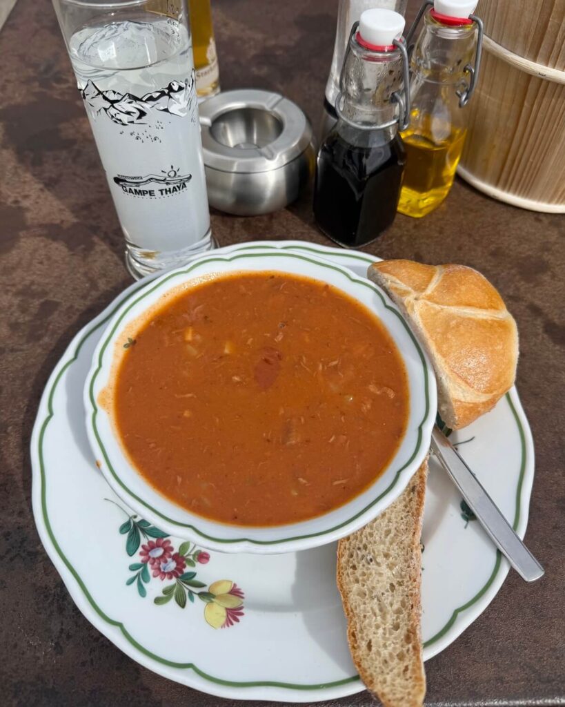 Goulash soup in bowl with bread and soft drinks on table at Almwirtschaft Gampe Thaya