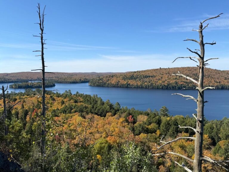 View of Rock Lake from Booth's Rock trail during autumn on a sunny day with vibrant leaves