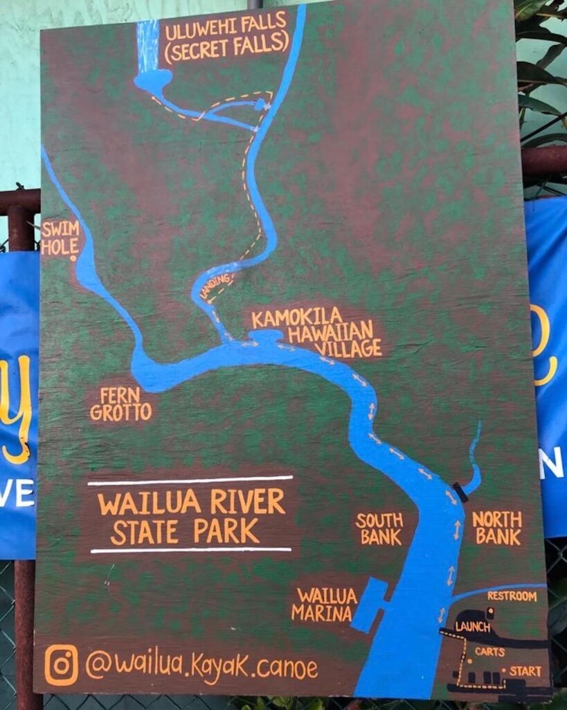 Painted map for the route to Secret Falls on Wailua River in blue and green with yellow writing