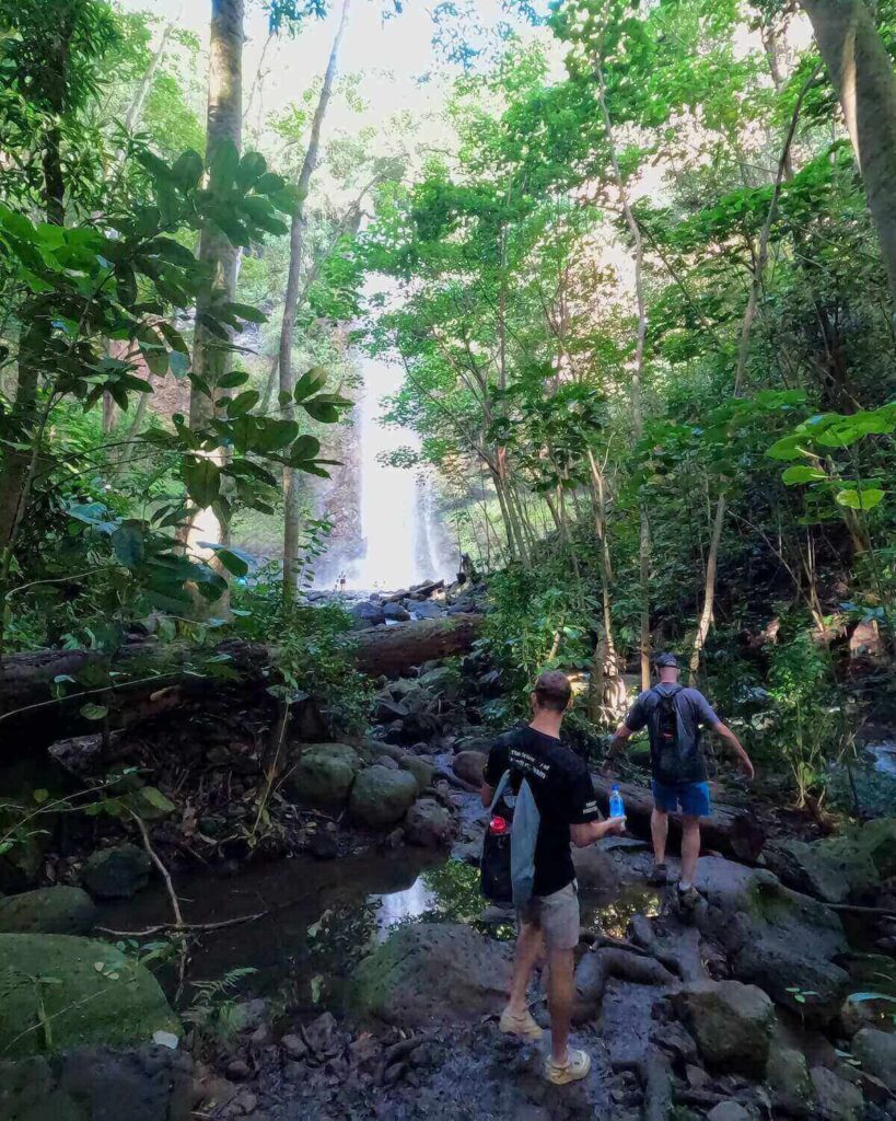 Two men walking along large stones across small stream in forest and large waterfall in backdrop (Secret Falls)