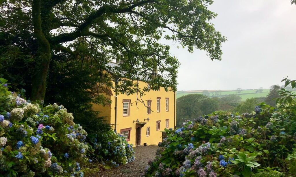 Large yellow house in the Lake District surrounded by blue hydrangeas and vast green countryside and grey sky
