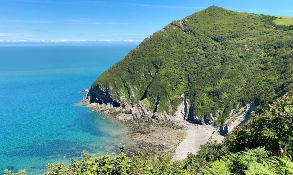 View of beach from cliff with bushy landscape around in North Devon on sunny day, near to Ilfracomb, photo by Cornelia