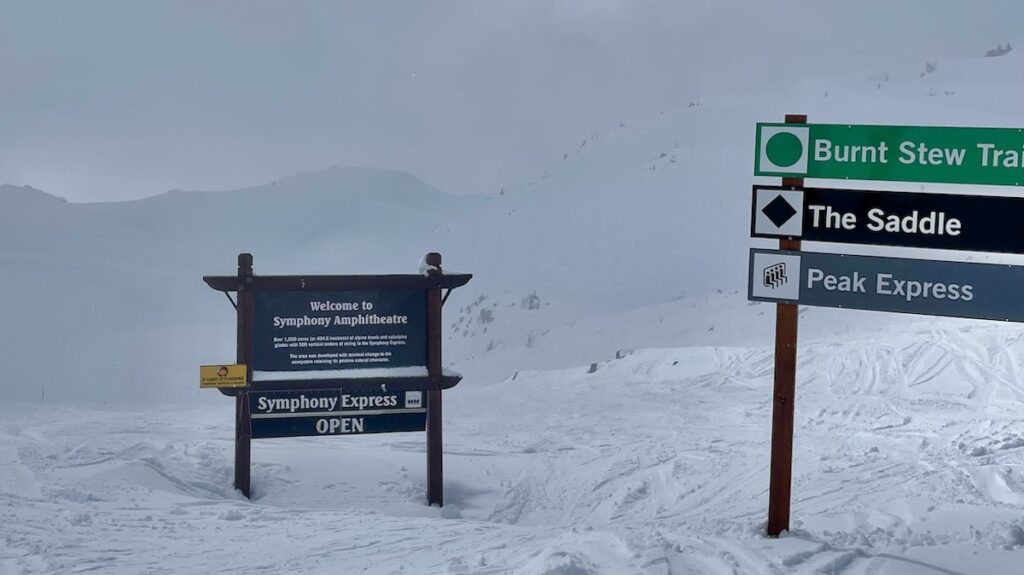 Symphony Express sign on top of run at Whistler