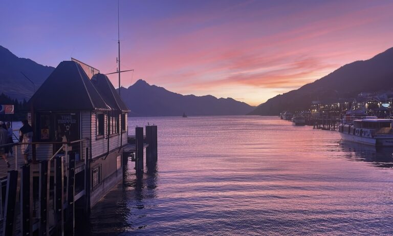 Queenstown harbour at sunset