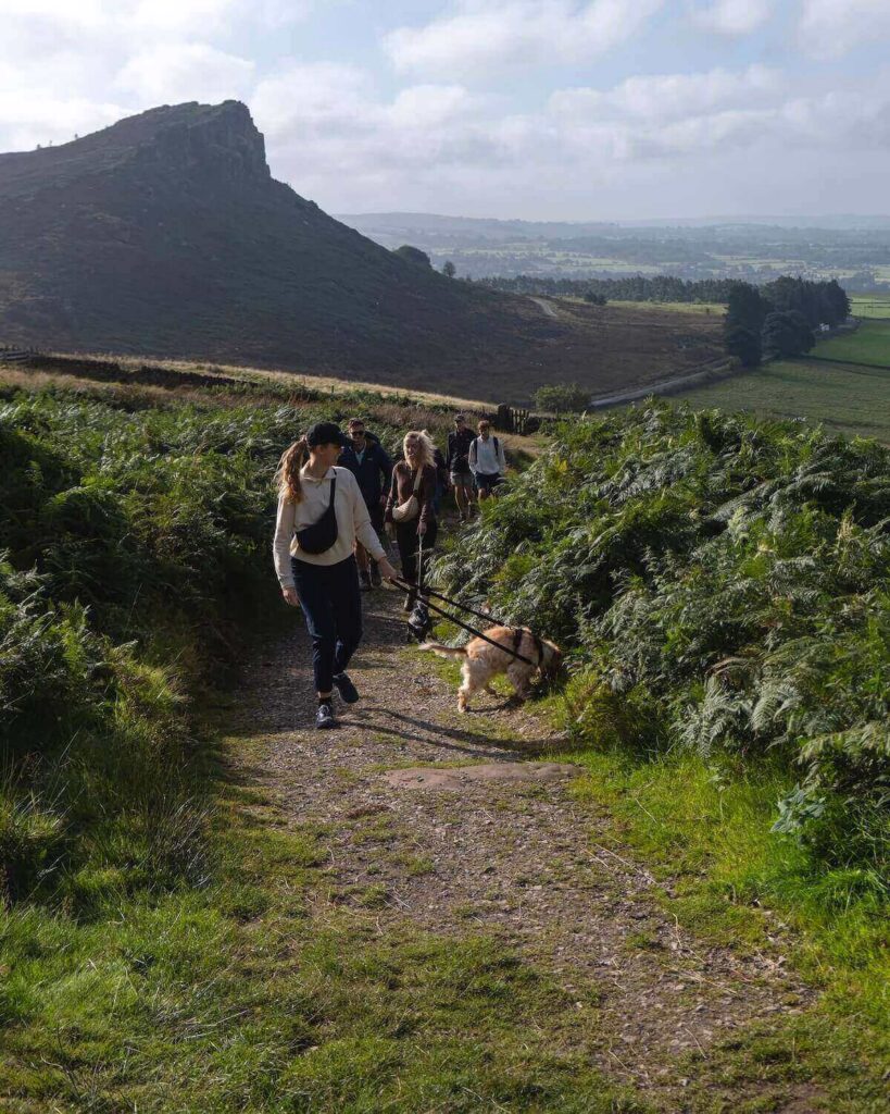 5 adults and 2 dogs hiking the Roaches in Peak District with ferns on side of dirt path and countryside far into distance and large rocks